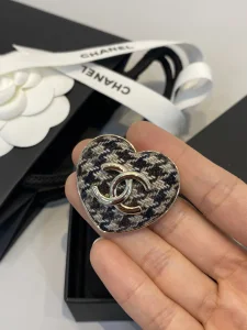 Chanel CC Logo Tweed Heart Brooch 