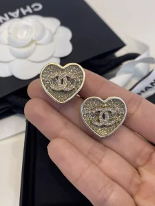 Chanel Crystals CC Logo Heart Earrings 