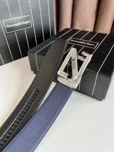 Zegna Logo Leather Belt Blue Black 35MM