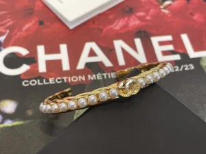 Chanel Gold CC Cuff Bracelet Pearls