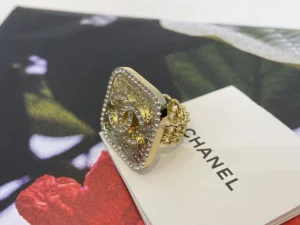 Chanel Crystal CC Square Gold Rings