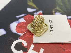 Chanel Crystal CC Square Gold Rings