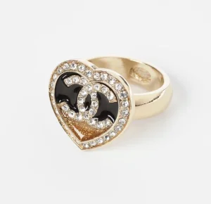 Chanel Crystal CC Logo Heart Rings