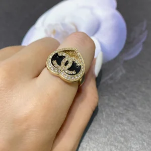 Chanel Crystal CC Logo Heart Rings