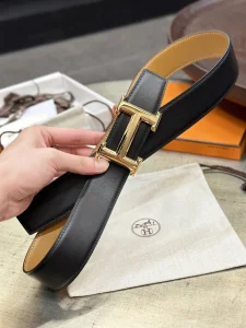 Hermes Brush Black Beige Leather Belt 38MM