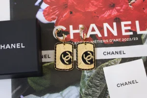Chanel Gold CC Tag Pendant Earrings