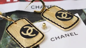 Chanel Gold CC Tag Pendant Earrings