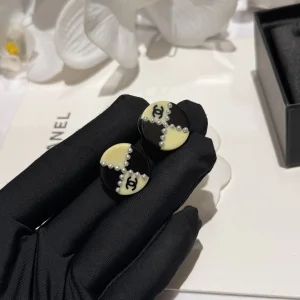 Chanel CC Black White Round Earrings