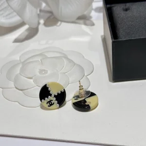 Chanel CC Black White Round Earrings