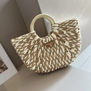 Prada Moon Straw Tote Bag Beige White