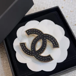 Chanel CC Logo Black Leather Brooch