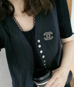 Chanel CC Logo Black Leather Brooch