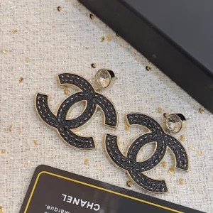 Chanel CC Logo Black Leather Earrings
