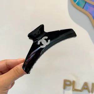 Chanel Crystals CC Logo Hair Clip Black